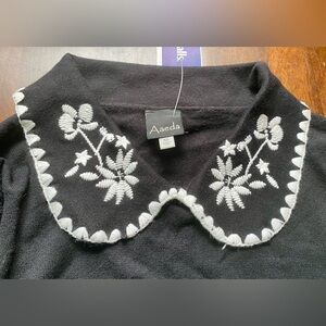 Aaeda Black Sweater with Embroidered Collar NWT